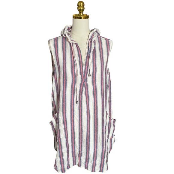 FOR CYNTHIA Linen Blend Striped Hooded Beachwear Sleeveless Tunic Top Women’s L - Picture 2 of 7